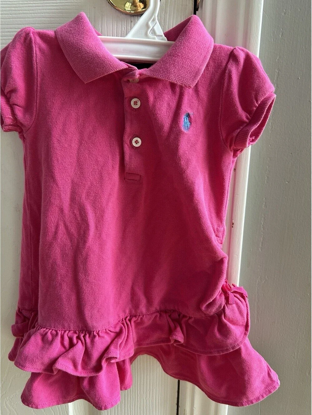 RALPH LAUREN BABY GIRLS DRESS SIZE 9MOS BLUE LOGO RUFFLED HEM, RUCHED SIDE